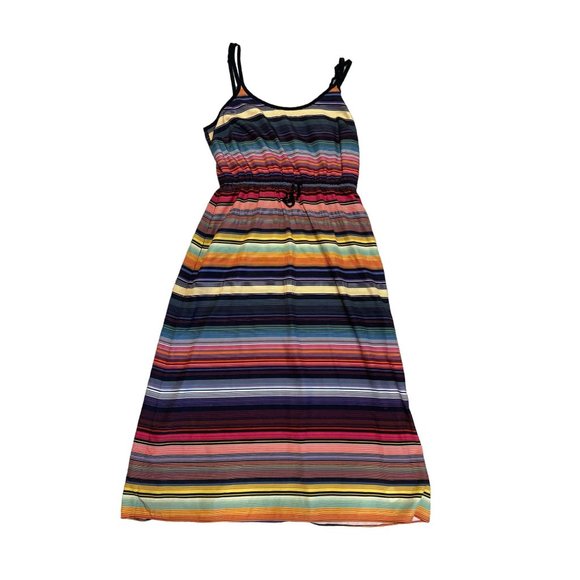Athleta M Havana Bold Multi Color Striped Cross V-Back Midi‎ Dress with Pockets - Picture 1 of 5